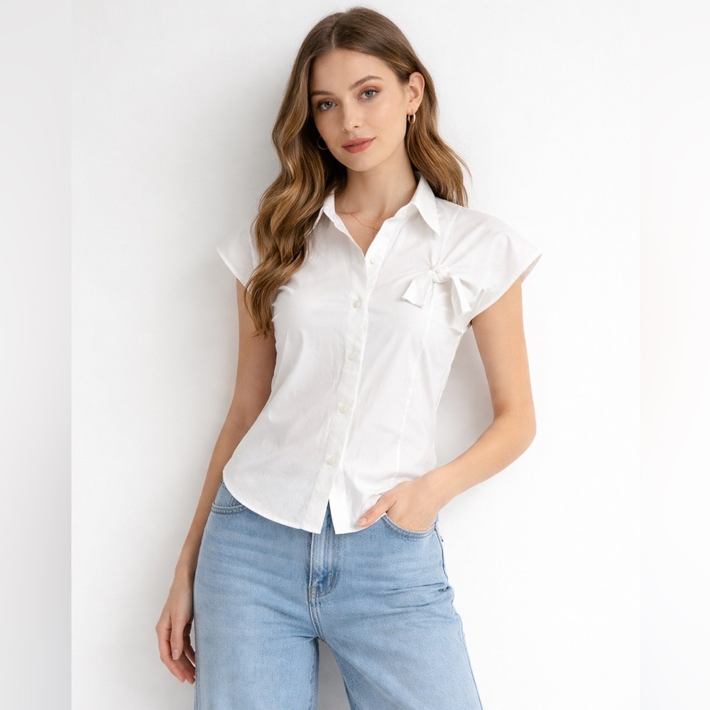 Helmut Lang White Bow Button Up Blouse XS Minimalist Work Coquette Feminine Chic